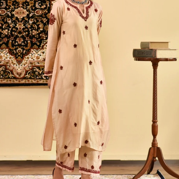 Both colors available Chikankari Chanderi Straight Kurta Set - Picture 3 of 5